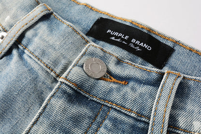 PURPLE  Men Streetwear Denim Shorts Light Blue Wash with Colorful Paint Splashes and Distressed Raw Hem 5066