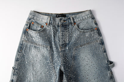 PURPLE  Men Streetwear Cargo Denim Shorts Light Blue Wash with Rhinestone Embellishment and Distressed Details 5097