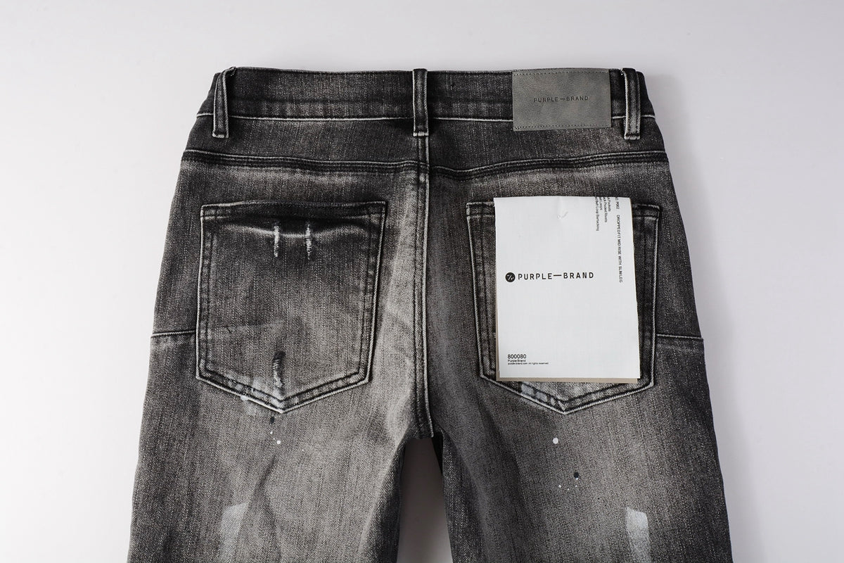 PURPLE  Men Streetwear Skinny Jeans Dark Gray Wash with White Paint Splatter and Distressed Rips 9032