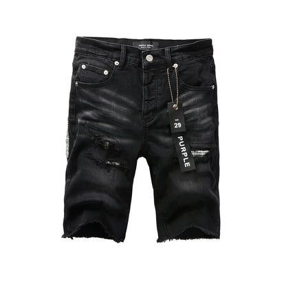 PURPLE  Men Streetwear Denim Shorts Black Wash with Distressed Rips and Plaid Patches 5001