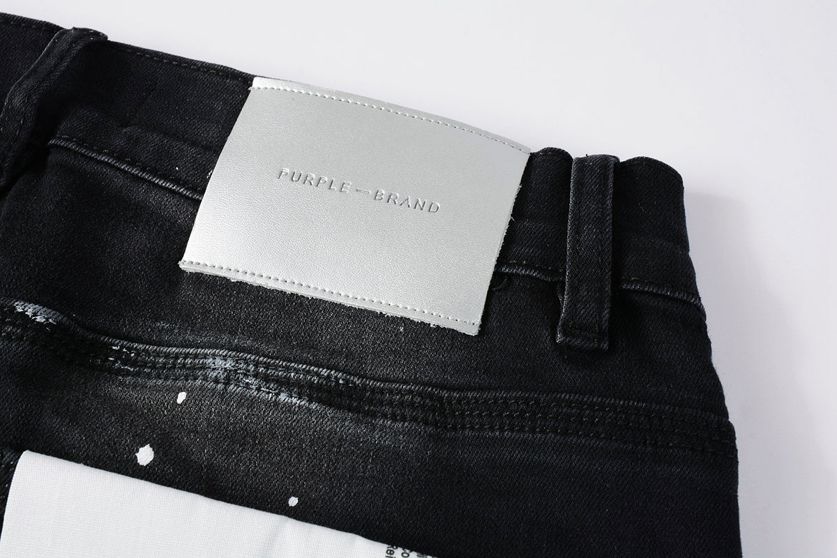 PURPLE   Men Streetwear Skinny Jeans Black Fade Wash with White Paint Splatter and Distressed Rips 9002