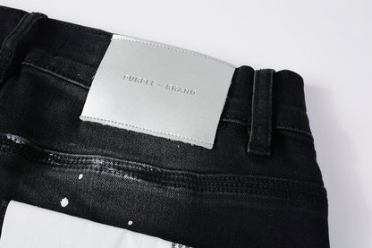 PURPLE   Men Streetwear Skinny Jeans Black Fade Wash with White Paint Splatter and Distressed Rips 9002