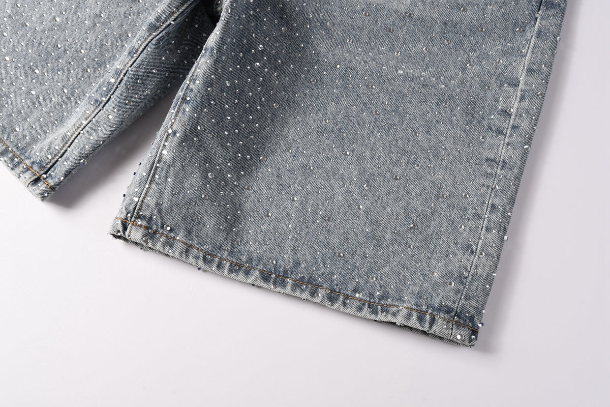 PURPLE   Men Streetwear Straight Denim Shorts Grey Wash with Rhinestone Speckles and Seam Accents 5096