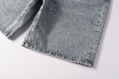 PURPLE   Men Streetwear Straight Denim Shorts Grey Wash with Rhinestone Speckles and Seam Accents 5096