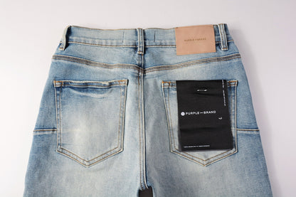 PURPLE  Men Streetwear Denim Shorts Light Blue Wash with Raw Hem and Vintage Finish 5016