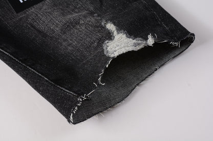 PURPLE  Men Streetwear Denim Shorts Black Wash with Colorful Feather Print and Raw Hem 5085