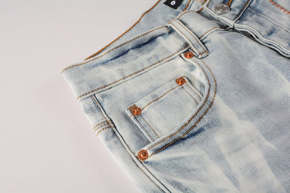 PURPLE   Men Streetwear Skinny Jeans Light Blue Wash with White Brushstroke Texture 7017