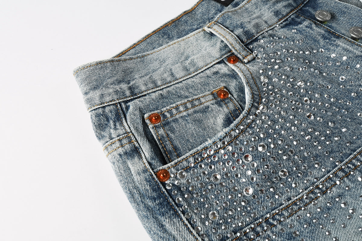 PURPLE  Men Streetwear Cargo Denim Shorts Light Blue Wash with Rhinestone Embellishment and Distressed Details 5097