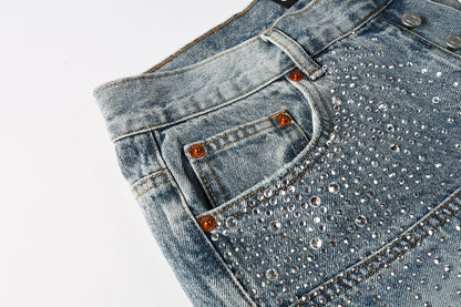 PURPLE  Men Streetwear Cargo Denim Shorts Light Blue Wash with Rhinestone Embellishment and Distressed Details 5097