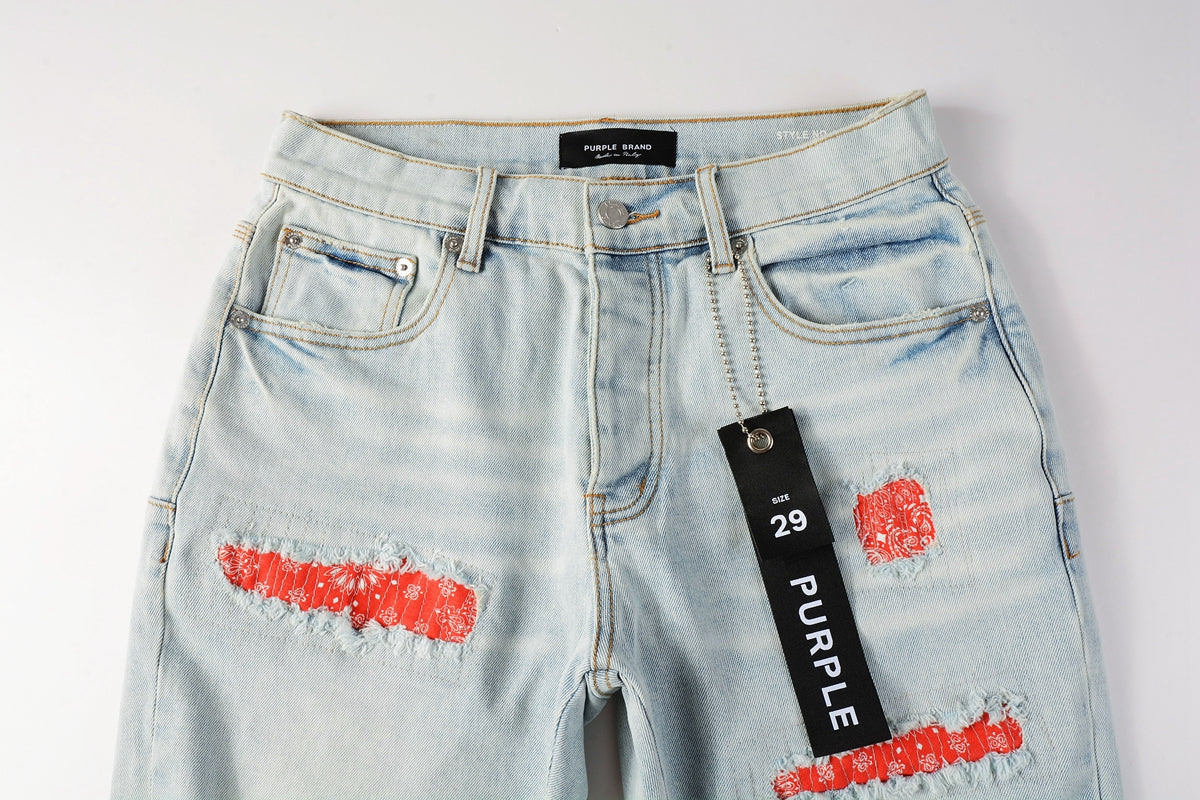 PURPLE  Men Streetwear Denim Shorts Light Blue Wash with Colorful Patched Rips and Raw Hem 5067
