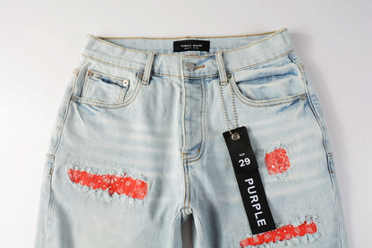 PURPLE  Men Streetwear Denim Shorts Light Blue Wash with Colorful Patched Rips and Raw Hem 5067