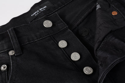 PURPLE  Men Streetwear Denim Shorts Black Wash with White Paint Splashes and Raw Hem 5002