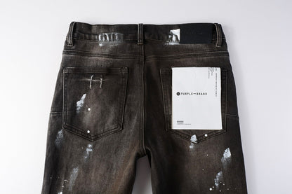 PURPLE  Men Streetwear Skinny Jeans Dark Gray Wash with White Paint Splatter and Distressed Rips 9030