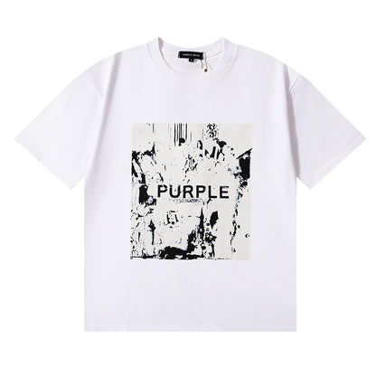 PURPLE Men Streetwear Short Sleeve Tee Black & White with Purple Brand Abstract Figure Print