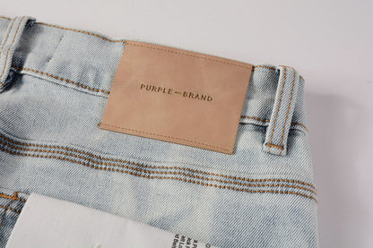 PURPLE   Men Streetwear Skinny Jeans Light Blue Wash with White Brushstroke Texture 7017