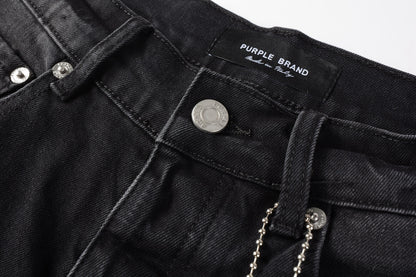 PURPLE  Men Streetwear Denim Shorts Black Wash with White Paint Splashes and Raw Hem 5002