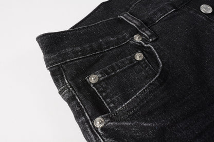 PURPLE  Men Streetwear Denim Shorts Black Wash with Colorful Feather Print and Raw Hem 5085