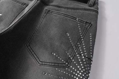PURPLE  Men Streetwear Grey Denim Shorts with Radial Rhinestone Burst Patterns 5094