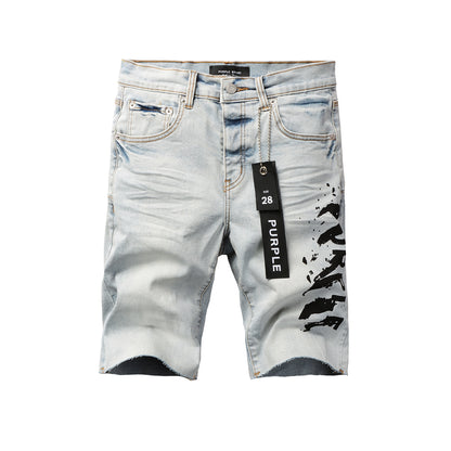 PURPLE  Men Streetwear Denim Shorts Light Blue Wash with Black Paint Streak Print and Raw Hem 5048