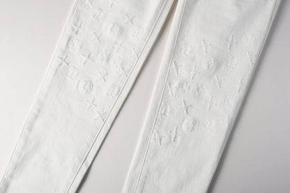 PURPLE  Men Designer Streetwear Skinny Jeans Solid White with 3D Embossed Monogram Pattern 9113