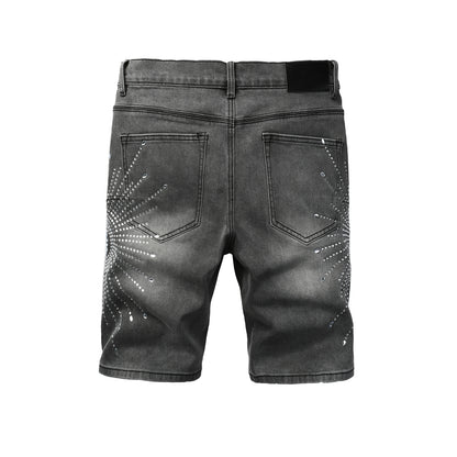 PURPLE  Men Streetwear Grey Denim Shorts with Radial Rhinestone Burst Patterns 5094