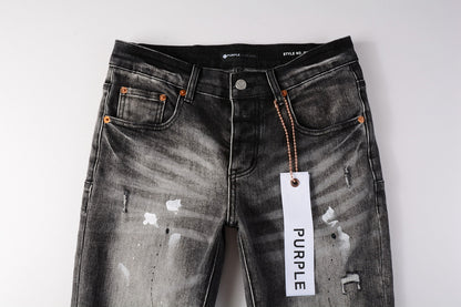 PURPLE  Men Streetwear Skinny Jeans Dark Gray Wash with White Paint Splatter and Distressed Rips 9032