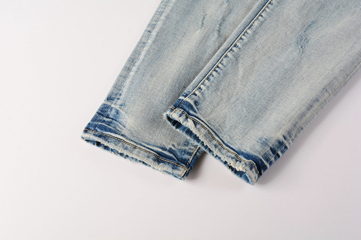 PURPLE  Men Streetwear Skinny Jeans Light Blue Wash with Heavy Distressed Rips 9050