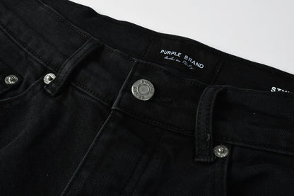 PURPLE  Men Streetwear Black Denim Shorts with Distressed Ripped Details and Raw Hem 5108