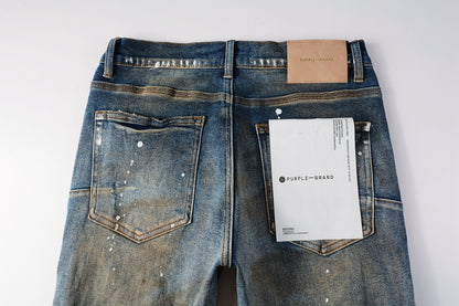 PURPLE   Men Streetwear Skinny Jeans Light Blue Wash with Distressed Rips and White Paint Splatter 9012