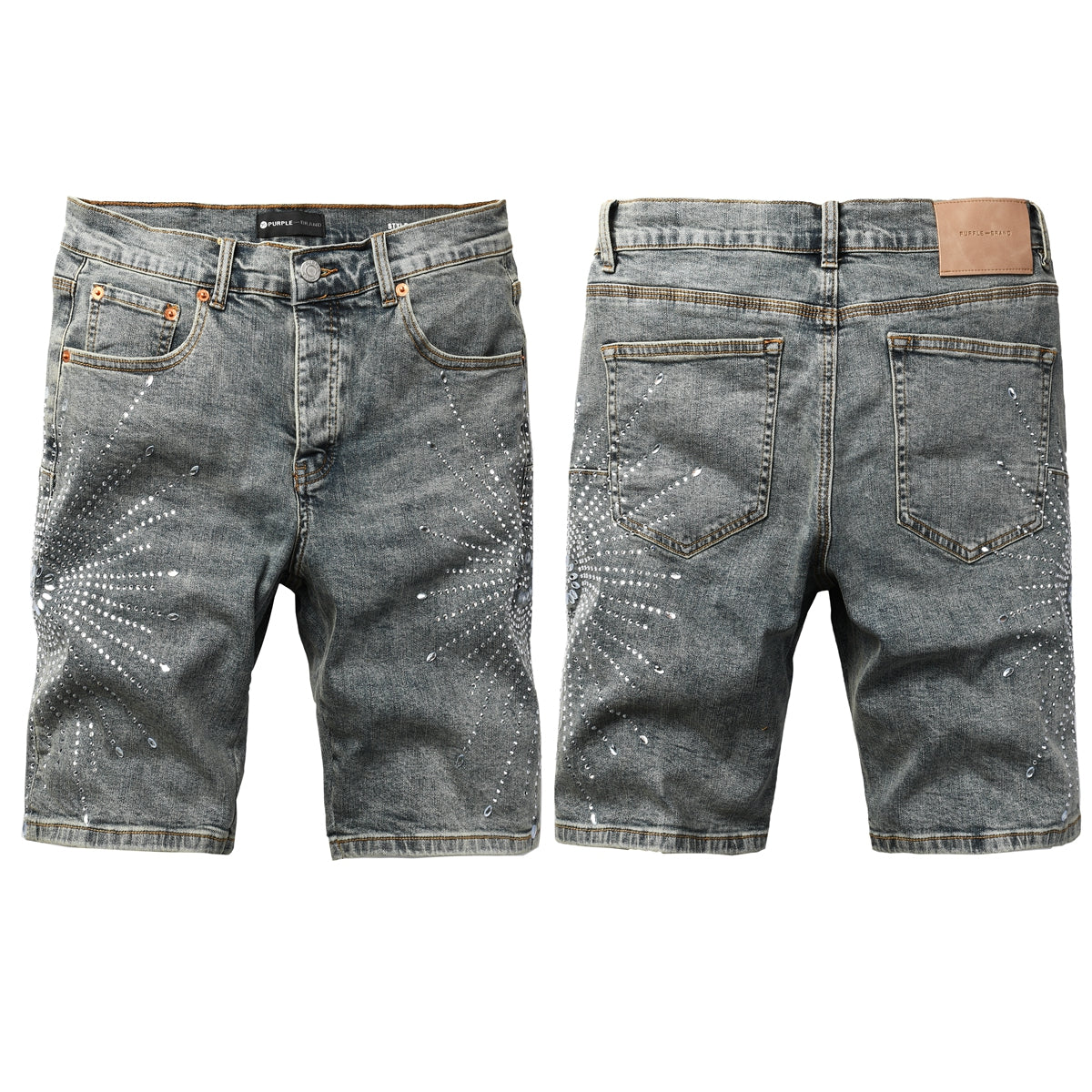 PURPLE  Men Streetwear Light Blue Denim Shorts with Radial White Rhinestone Designs 5093