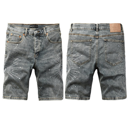 PURPLE  Men Streetwear Light Blue Denim Shorts with Radial White Rhinestone Designs 5093