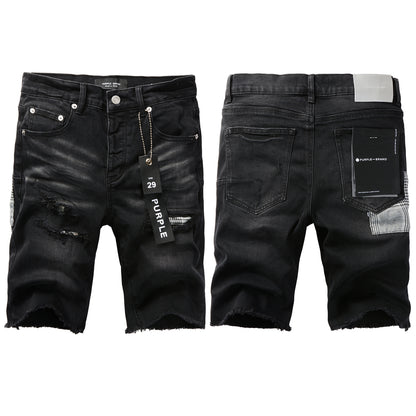 PURPLE  Men Streetwear Denim Shorts Black Wash with Distressed Rips and Plaid Patches 5001