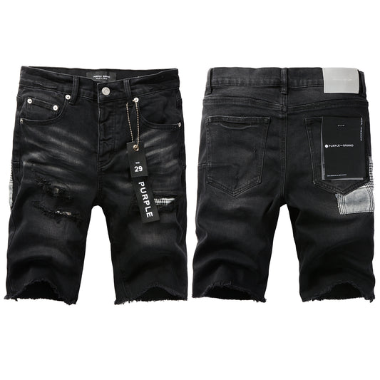 PURPLE  Men Streetwear Denim Shorts Black Wash with Distressed Rips and Plaid Patches 5001