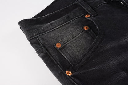 PURPLE  Men Streetwear Skinny Jeans Black Wash with Knee Ripped Details 9029