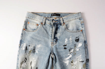 PURPLE  Men Streetwear Jeans Light Blue Paint Splash Distressed Ripped skinny 9100