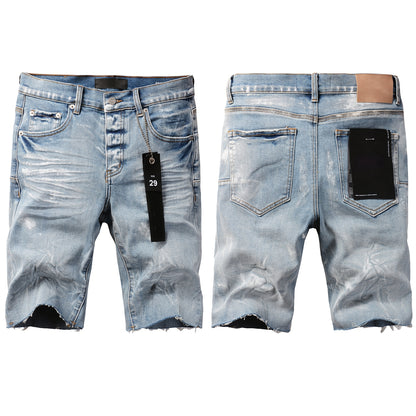 PURPLE  Men Streetwear Light Blue Denim Shorts with Vintage Wash and Raw Hem Finish 5091