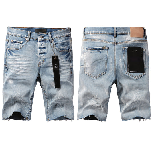 PURPLE  Men Streetwear Light Blue Denim Shorts with Vintage Wash and Raw Hem Finish 5091