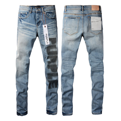 PURPLE  Men Streetwear Skinny Jeans Light Blue Wash with Black Pixelated Pattern Print 9052