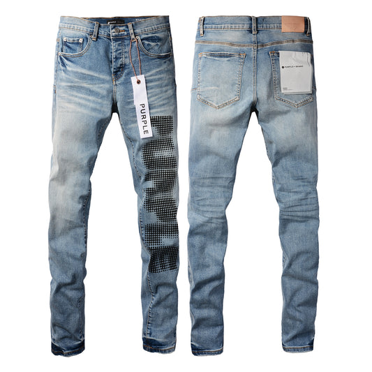 PURPLE  Men Streetwear Skinny Jeans Light Blue Wash with Black Pixelated Pattern Print 9052