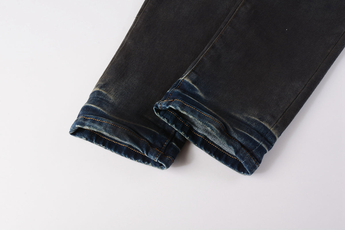 PURPLE  Men Streetwear Skinny Jeans Dark Gray Wash with White Paint Splatter and Brush Strokes 9036