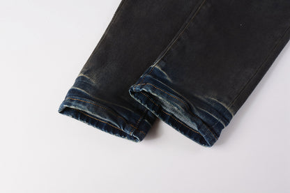 PURPLE  Men Streetwear Skinny Jeans Dark Gray Wash with White Paint Splatter and Brush Strokes 9036