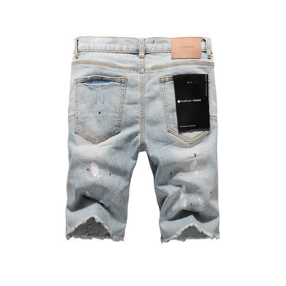 PURPLE  Men Streetwear Denim Shorts Light Blue Wash with White Paint Splatters and Distressed Raw Hem 5006