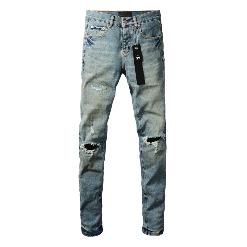 PURPLE  Men Streetwear Skinny Jeans Light Blue Wash with Distressed Ripped Knee Details 9076