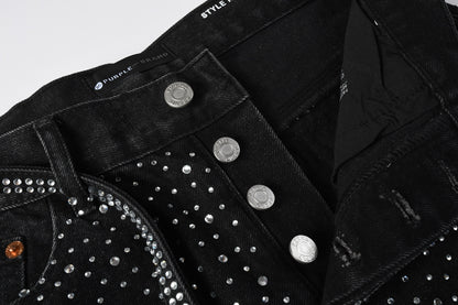 PURPLE  Men Streetwear Black Denim Shorts with Allover Rhinestone Studs and Zipper Details 5095