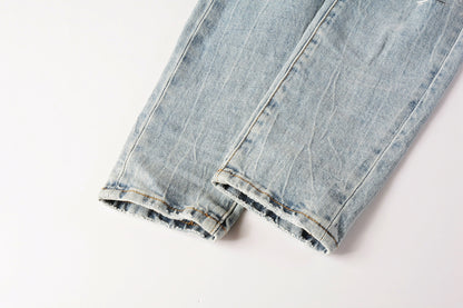 PURPLE  Men Streetwear Jeans Light Blue Paint Splash Distressed Ripped skinny 9100