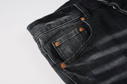 PURPLE   Men Streetwear Skinny Jeans Black - Gray Fade Wash with White Paint Specks 9027