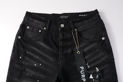 PURPLE  Men Streetwear Denim Shorts Black Wash with White Paint Splashes and Raw Hem 5002