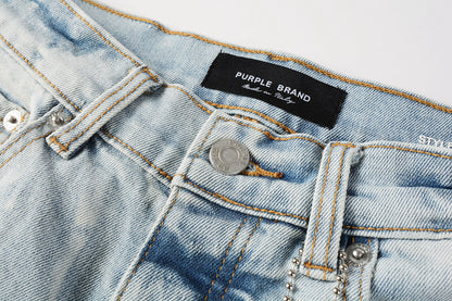 PURPLE  Men Streetwear Denim Shorts Light Blue Wash with Washed Distressed Raw Hem 5017