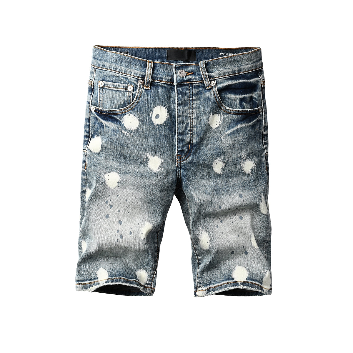 PURPLE   Men Streetwear Denim Shorts Light Blue Wash with Large White Paint Splashes and Speckles 5092