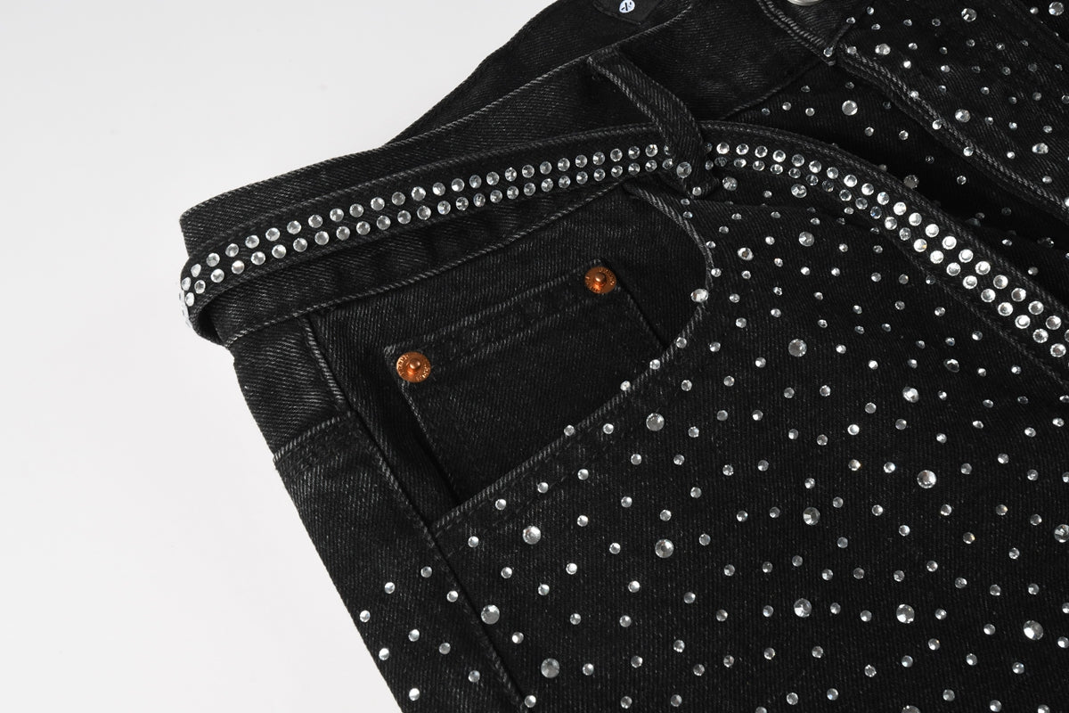 PURPLE  Men Streetwear Black Denim Shorts with Allover Rhinestone Studs and Zipper Details 5095